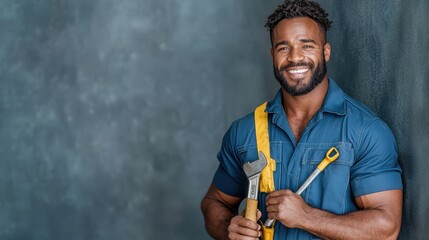 A happy repairman stands proudly with essential tools, demonstrating his readiness to tackle any job. His confident expression reflects a passion for mechanical work and service.