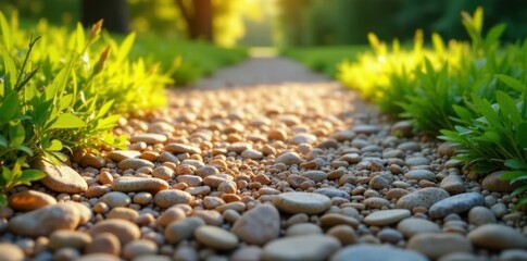 Sunlit gravel path, showing varied stone sizes, rough, surface, bright