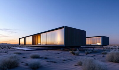 Obraz premium Modern Glass House in Desert Landscape at Sunset
