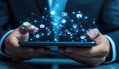 Businessman interacts with digital media network on tablet