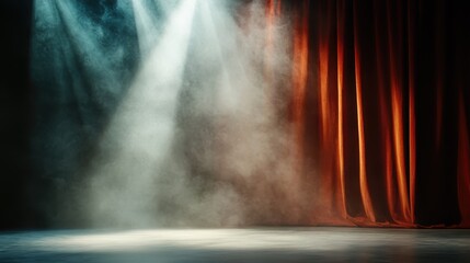 An immersive stage environment featuring soft light shining through red drapery, enveloped by smoke, creating a mysterious and enchanting atmosphere for artistic performances.
