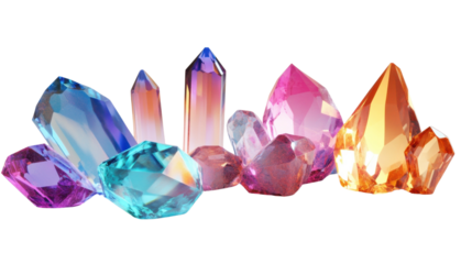 A set of colorful gemstones and crystals on a black background