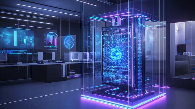 A futuristic tech lab featuring a quantum computer encased in glass, its intricate superconducting circuits pulsating with blue and purple neon energy