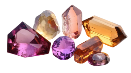 A set of colorful gemstones and crystals on a black background