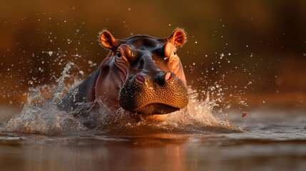 Fototapeta premium A charming hippopotamus joyfully surfaces from the water, embodying playfulness and majesty, set against the warm glow of a sunset landscape reflecting nature's beauty.