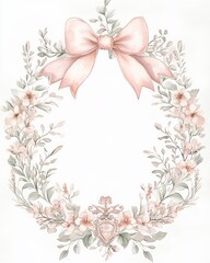 Obraz premium A delicate watercolor illustration in soft pastel colors, featuring a floral border made of small, intricate pink flowers and a pink ribbon