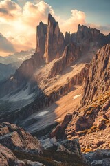 Obraz premium Majestic Rugged Mountain Range with Rock Formations and Golden Hour Glow