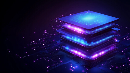 A hyper-detailed visualization of stacked microchips, each layer emitting an electric blue and purple glow, symbolizing the peak of artificial intelligence and advanced processing technology