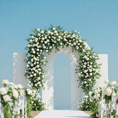 Elegant Wedding Arch Photograph with Floral Decorations Against a Clear Blue Sky. Perfect for Wedding Planning, Event Design, and Outdoor Ceremony Inspiration.