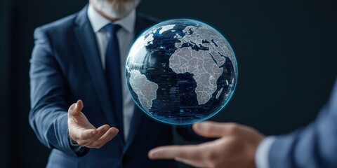 Future Ready collaboration concept. A businessman presenting a glowing globe in a dark setting.