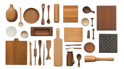 Set of wooden kitchen utensils including spoon, spatula, fork, knife, and cooking tools on a white background