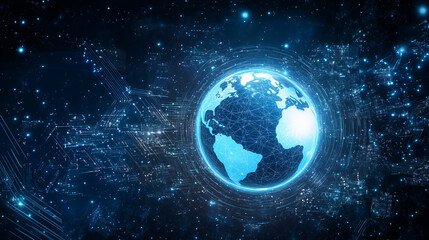 Fototapeta premium A luminescent Earth sphere floating in a deep space void, surrounded by intricate glowing circuitry and vast networks of swirling data pulses