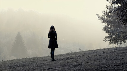 une personne debout, seule dans la nature pendant l'hiver froid pour illustrer le concept de solitude	