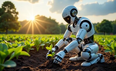 Technology and InnovationA robot planting seeds of innovation in a garden 