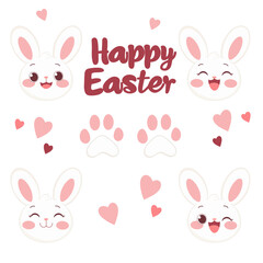 Fototapeta premium Set of Easter Elements, Different Bunny Expressions, Paws, Hearts and 