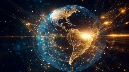 Obraz premium A mesmerizing holographic Earth, pulsating with bright golden and sapphire-blue data streams
