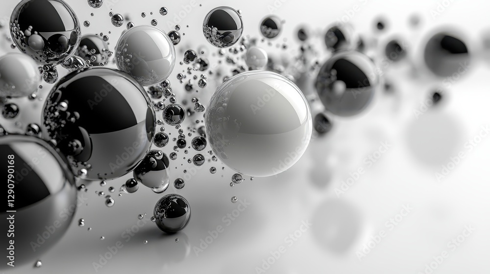 Poster abstract composition of perfectly rendered black and white bubbles, evenly distributed on a plain wh