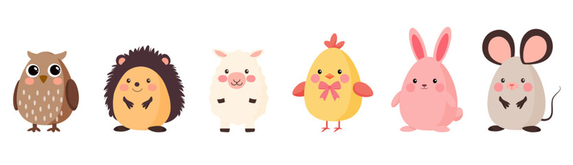 Set of Cartoon Cute Animals in egg-shape, Bunny, Hedgehog, Chick, Owl, Mouse and Sheep, Easter Concept, Vector Illustration