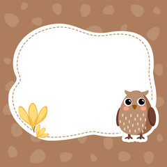 Vector Template of Empty Note Card with Cartoon Cute Brown Owl Bird and Flowers