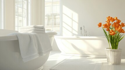 A clean, modern bathroom with a tub and perfectly folded towels.