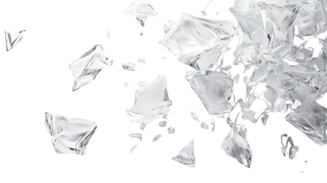 A winter-inspired composition of scattered ice shards over a smooth white background, detailed and artistic.