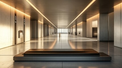 A baggage claim area with minimalist design and neutral tones, conveying calmness