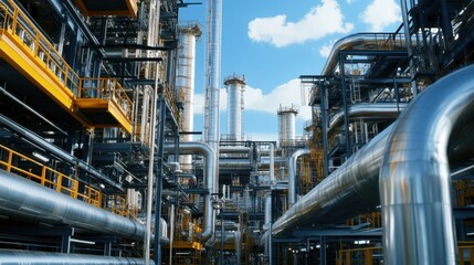 An oil refinery plant under construction with industrial pipes and steel structures