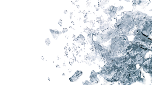 A winter-inspired composition of scattered ice shards over a smooth white background, detailed and artistic.