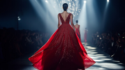 A haute couture runway model in a luxurious red evening gown, featuring intricate detailing and sparkling beading. The model walks down a sleek, modern catwalk.