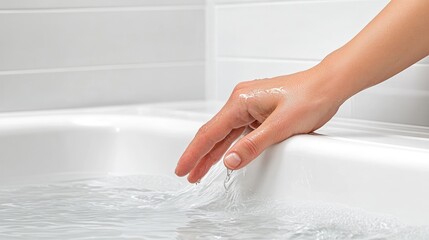A hand checking the edges of a bathtub for water leaks.