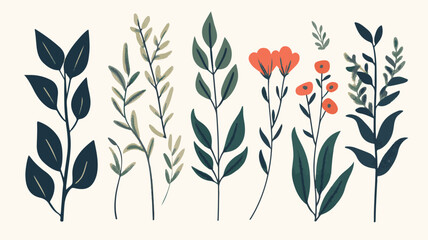 Colorful Floral Pattern with Abstract Flowers and Set of Autumn Leaves on White Background Art & Illustration