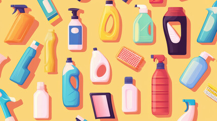 Bottles of household chemicals supplies cleaning housework seamless pattern domestic fluid cleaner pack vector illustration.