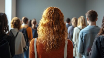 Obraz premium Individuals gather in a line, each person uniquely styled, waiting patiently in a contemporary indoor space. The atmosphere is filled with anticipation and curiosity