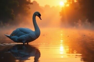 Fototapeta premium Silhouetted swan, ethereal mist, golden sunrise, wildlife, waterfowl
