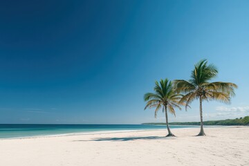 Two palm trees growing on tropical white sand beach with turquoise water and blue sky