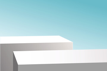 Side panels of two rectangular prism shaped display stands. White podium for show, presentation product background with blue sky, vector illustration	
