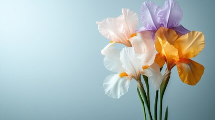 Naklejka premium A striking bunch of colorful iris flowers with lush green leaves beautifully arranged, providing a radiant touch of nature and freshness to any setting.