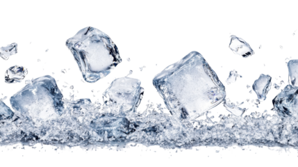 Frozen ice blocks and crushed ice randomly arranged on a pure white background, crisp and hyper-realistic.
