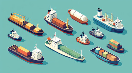 Cargo vessels and tankers shipping delivery bulk carrier train freight boat tankers isolated on background vector illustration