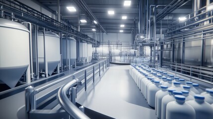 Naklejka premium A clean and modern dairy factory with milk bottles being filled and capped