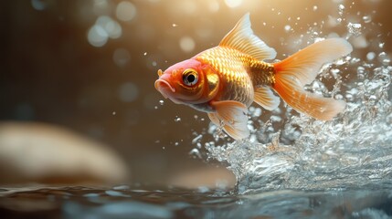 A majestic goldfish leaps above the water, frozen in a dynamic pose, highlighting its bright colors and vibrant energy as droplets shower down around it.
