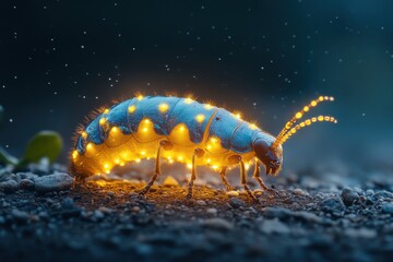 Luminous insect crawling on ground at night. Glowing body, dark background. Magical, surreal.