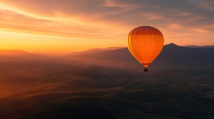 Obraz premium A vibrant hot air balloon floats gracefully over a breathtaking mountain landscape during sunset, evoking feelings of adventure, freedom, and the beauty of nature.