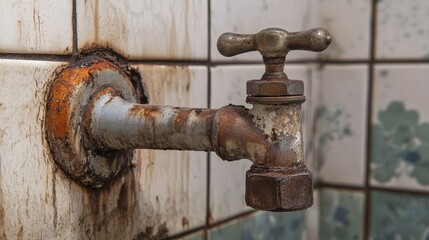 A worn-down bathroom fixture with rust accumulating around the handle.