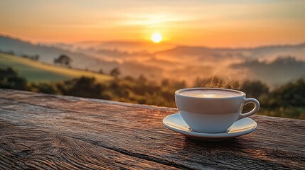 A steaming cup of hot coffee placed on a wooden table, with the warm sunrise glowing 