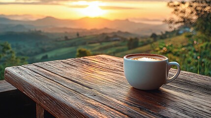 A steaming cup of hot coffee placed on a wooden table, with the warm sunrise glowing 