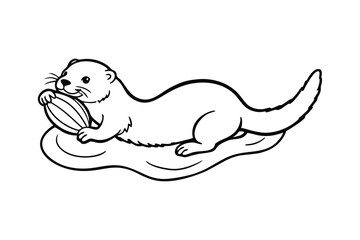 Line art of a playful baby otter floating in a pond and holding a small seashell vector art illustration for coloring page.eps