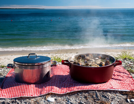 A traditional New England clambake on the beach, with steaming pots and red and white checkered tablecloths.