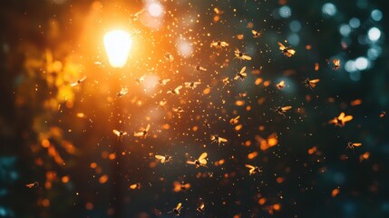 Insects swarming around a bright light at night. A mesmerizing display of nature's dance in the darkness.