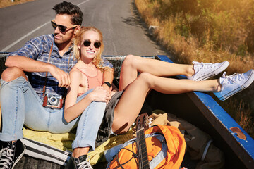 Relax, journey and happy couple on road trip for holiday, vacation and outdoor for relationship....